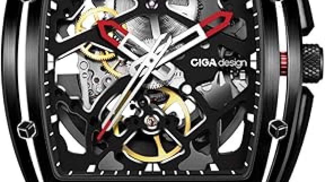 CIGA Design Z Series Automatic Mechanical Watch, Luxury Skeleton Wristwatch Tonneau with Silicone Strap Stainless Steel Business Dress Waterproof Timepiece Gifts for Men and Women
