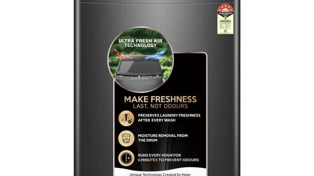 Haier 10.5 Kg 5 Star Fully Automatic Top Load Washing Machine With Ultra Fresh Air Technology, Oceanus Wave Steel Drum (ETL105-CAFS8, Grey, Black, Custom Wash Cycles, 15 Mins Quick Wash)