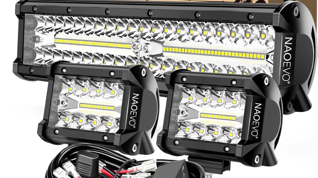 NAOEVO 12Inch LED Light Bar and 2PCS 4Inch LED Pod Lights, 420W 42000LM LED Fog/Driving/Off Road Lights Bar, Spot Flood Combo LED Light Bar with Wiring Harness Kit-3 Lead for Truck ATV Jeep Boat